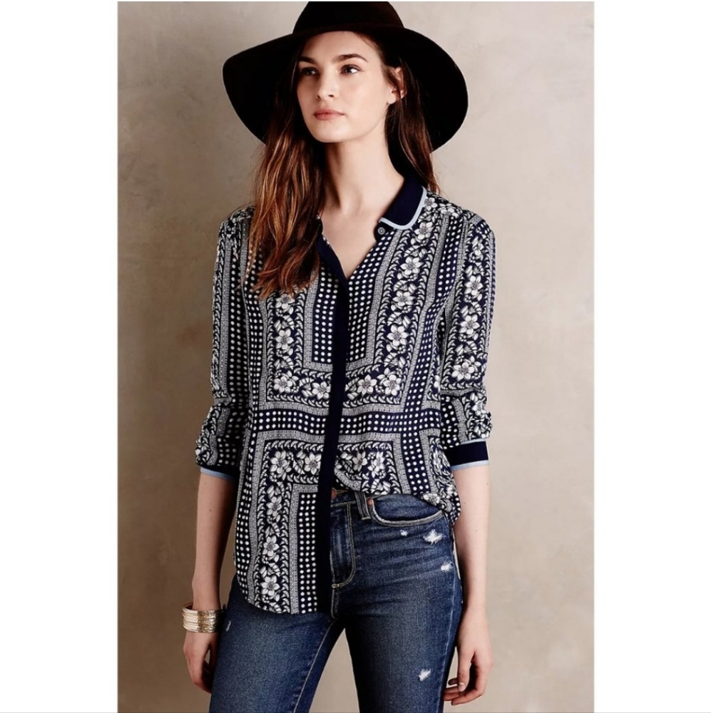Maeve Navy and White Patterned Blouse